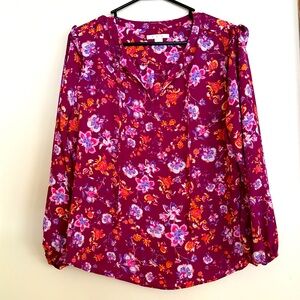 Cooper & Ella Blouse Floral Shirt Long Sleeve Purple Pink Magenta Tie Ruffle L